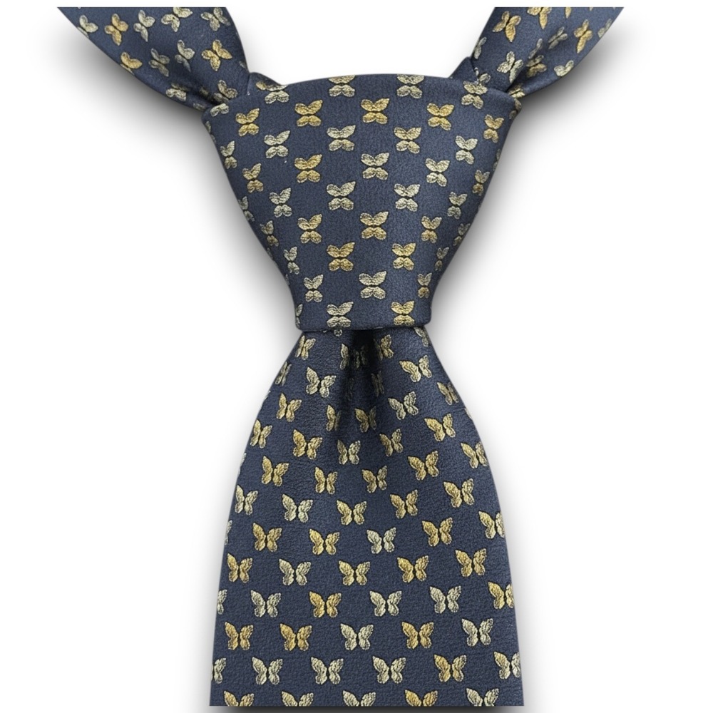 Smithsonian Institution Silk Tie Navy Blue Gold Silver Butterfly Print‎ Necktie